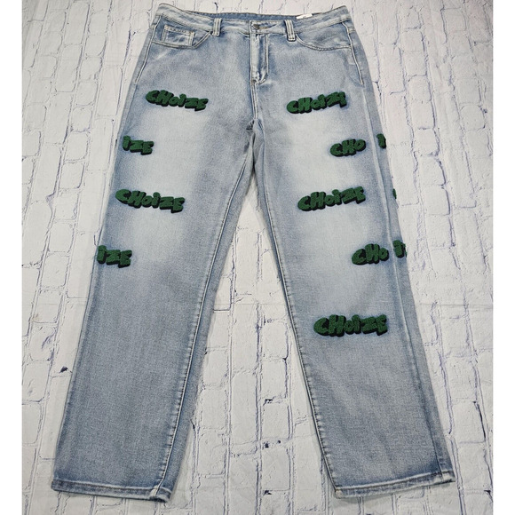 Choize MENS SIZE 38 Baggy Wide Leg Jeans Blue Wash Y2K Skater Street EMBROIDERED - Picture 1 of 11